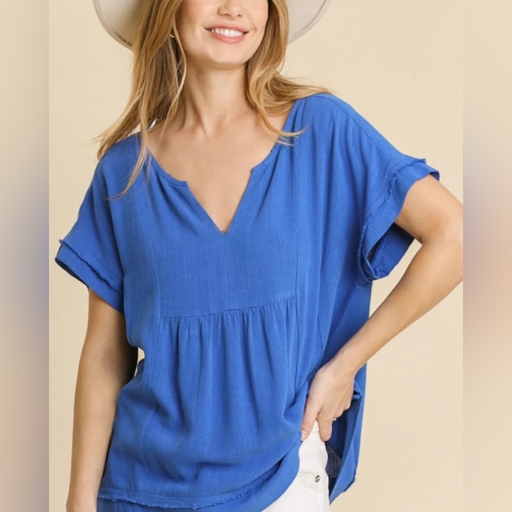 Umgee Blue Gauze Split V-Neck Blouse Boho Coastal Casual Summer Top 1XL